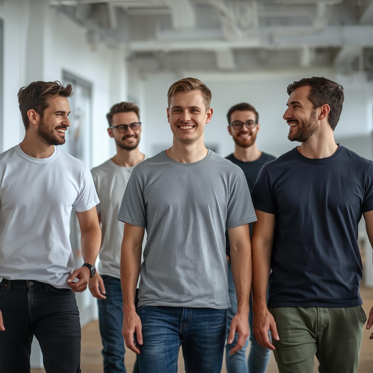 Group of five smiling young men walking indoors in casual clothes.