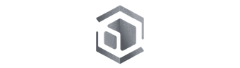 Abstract geometric logo featuring three connected hexagons and a central cube in shades of gray.