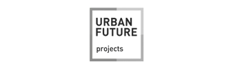 Logo of Urban Future Projects in black text within a square outline on transparent background.