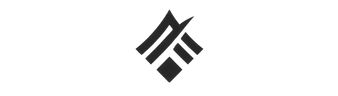 Stylized black geometric emblem with overlapping diagonal lines and shapes.