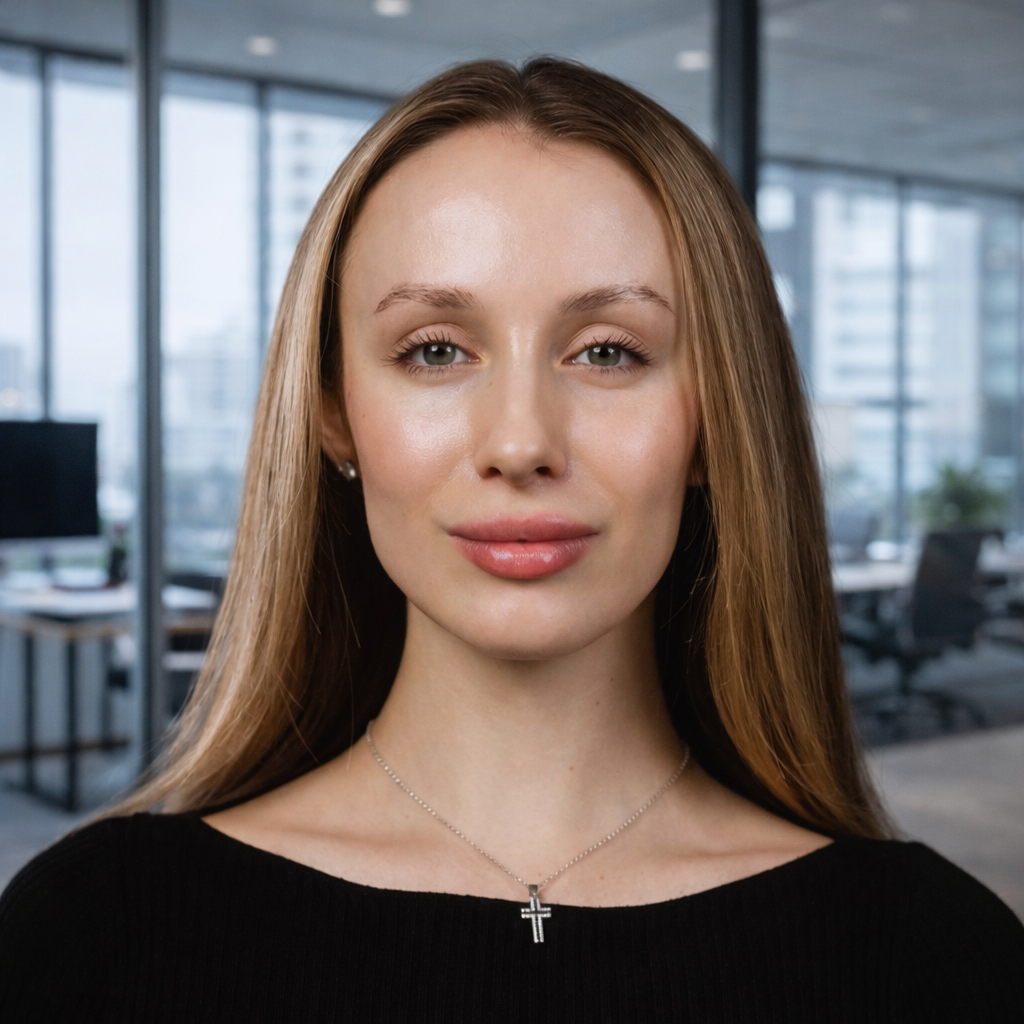 Portrait of a young woman with long light brown hair wearing a black top and a silver cross necklace in an office setting.