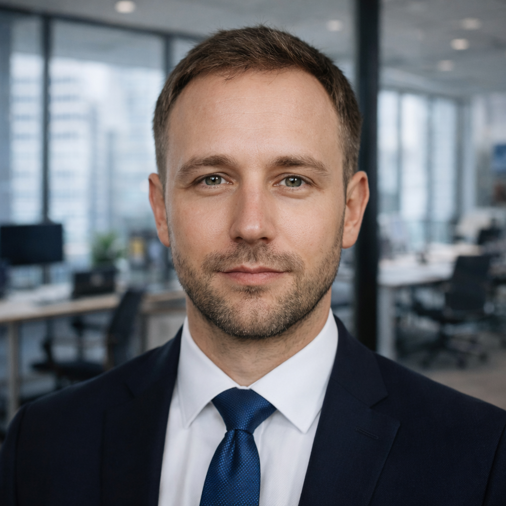 Confident young man in a navy suit and blue tie standing in a modern office with blurred desks and windows in the background.