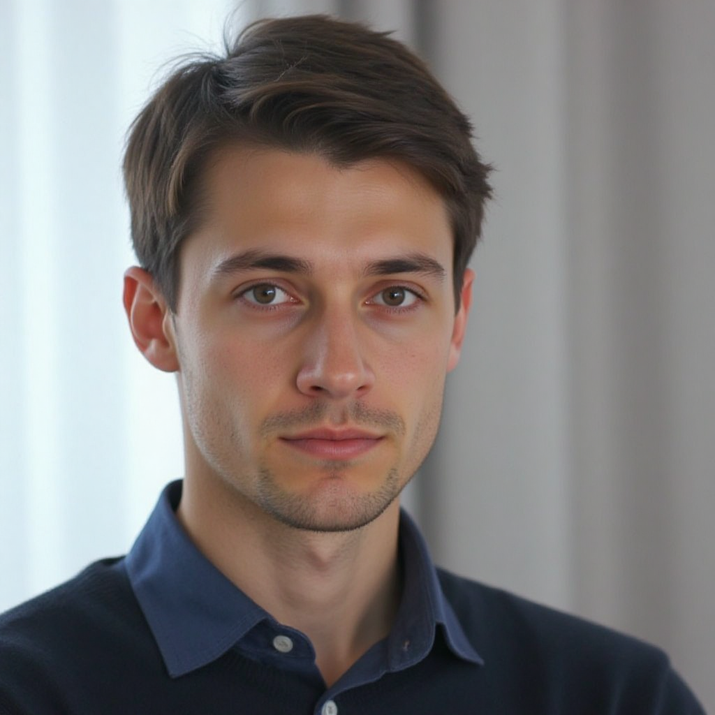 Portrait of a young man with short brown hair and light facial stubble wearing a navy blue shirt.