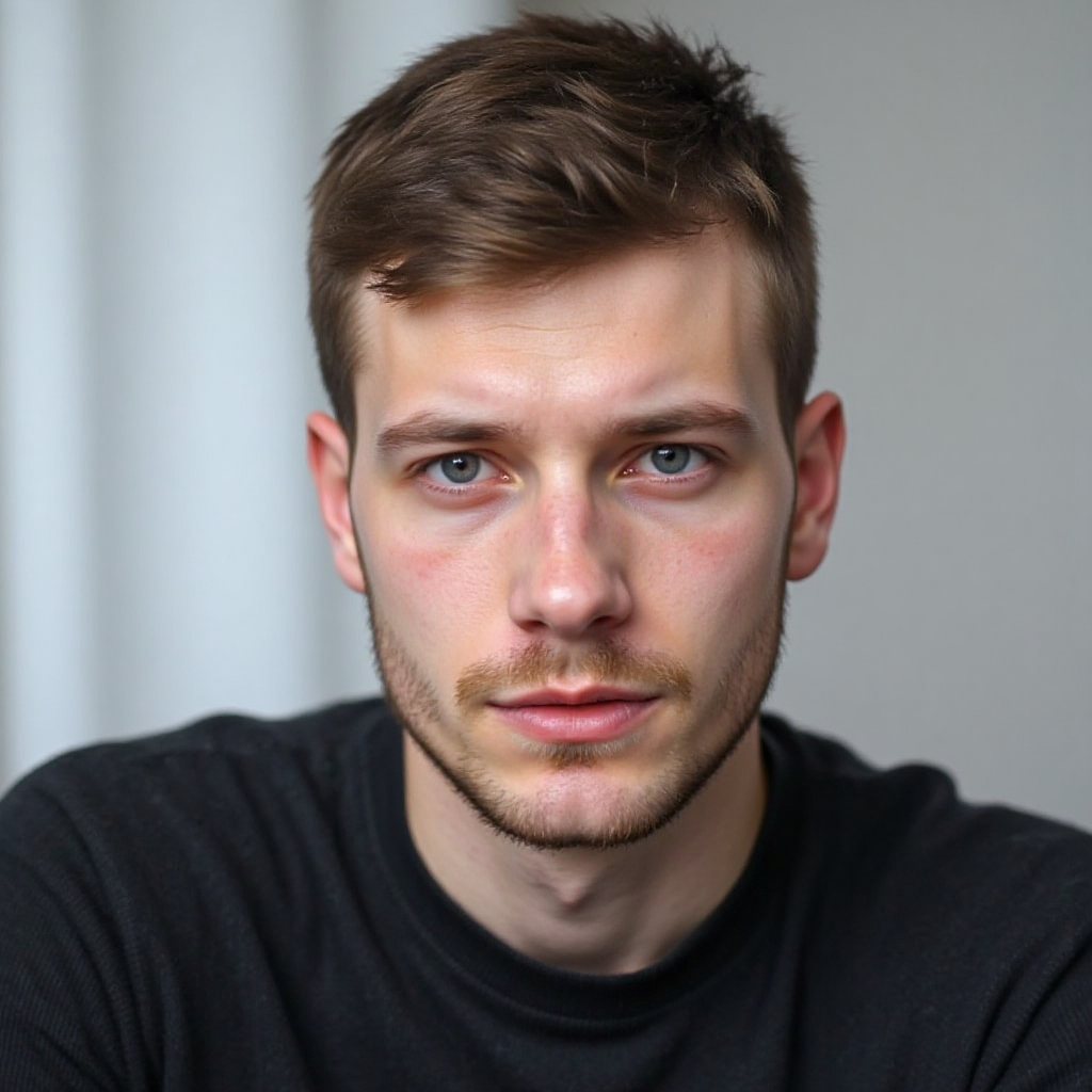 Close-up of a young man with short brown hair and blue eyes wearing a black shirt, looking directly at the camera.