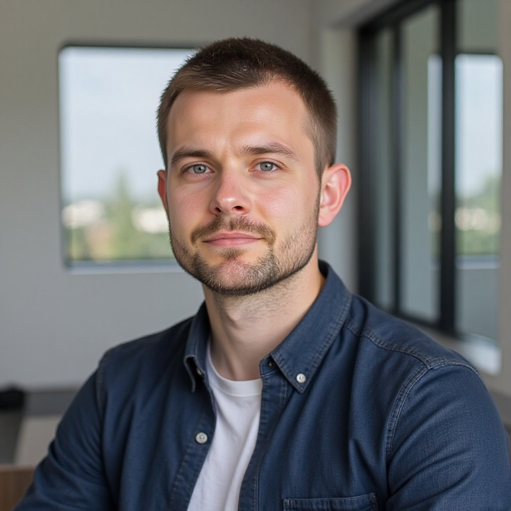 Young man with short brown hair and beard wearing a dark blue button-up shirt over a white t-shirt, sitting indoors with windows in the background.