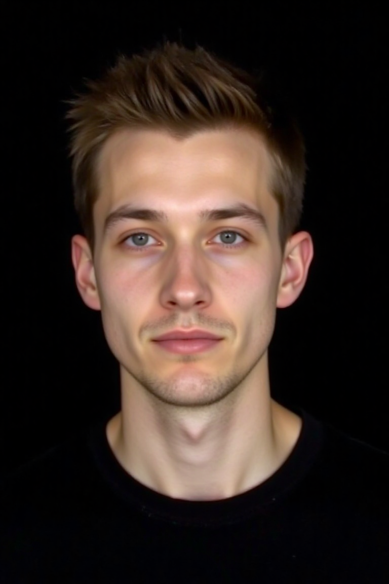 Young man with short brown hair and light blue eyes wearing a black shirt against a black background.