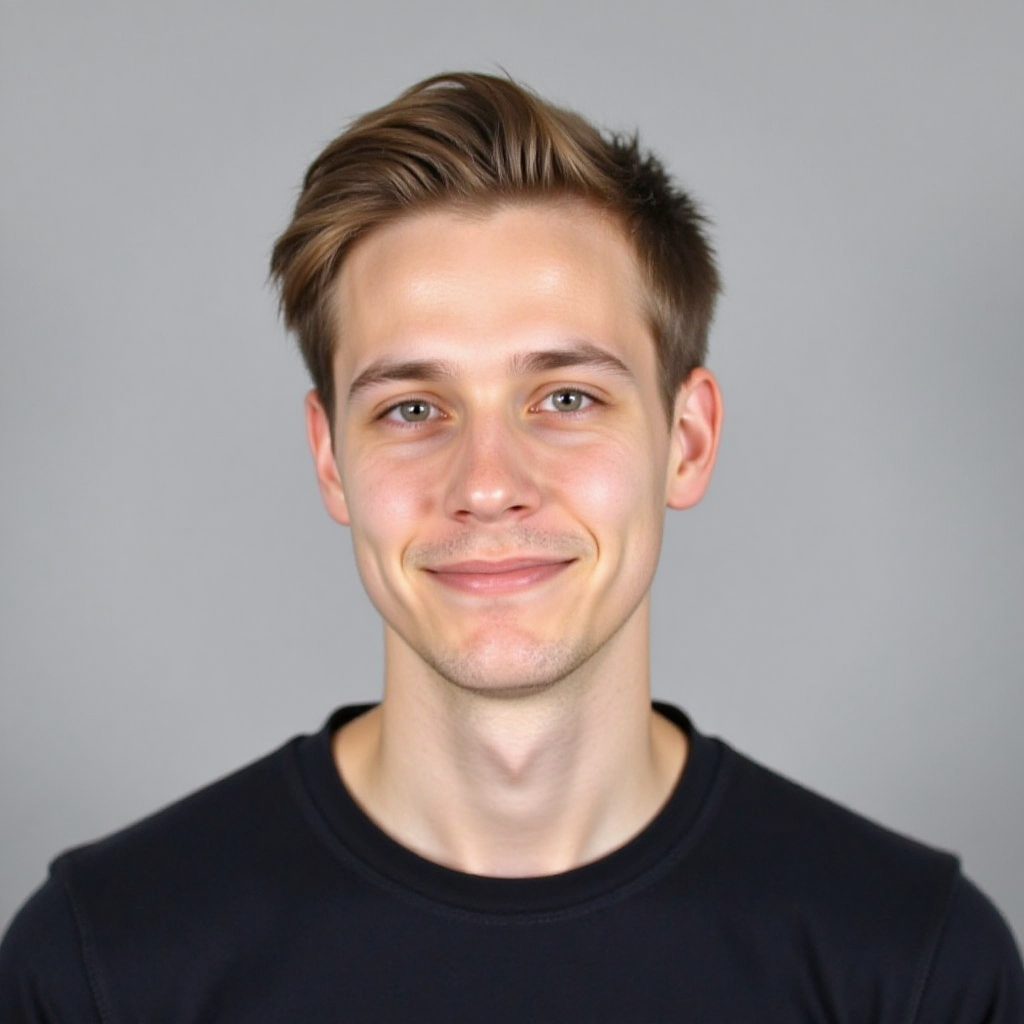Young man with light brown hair smiling and wearing a black shirt against a plain gray background.