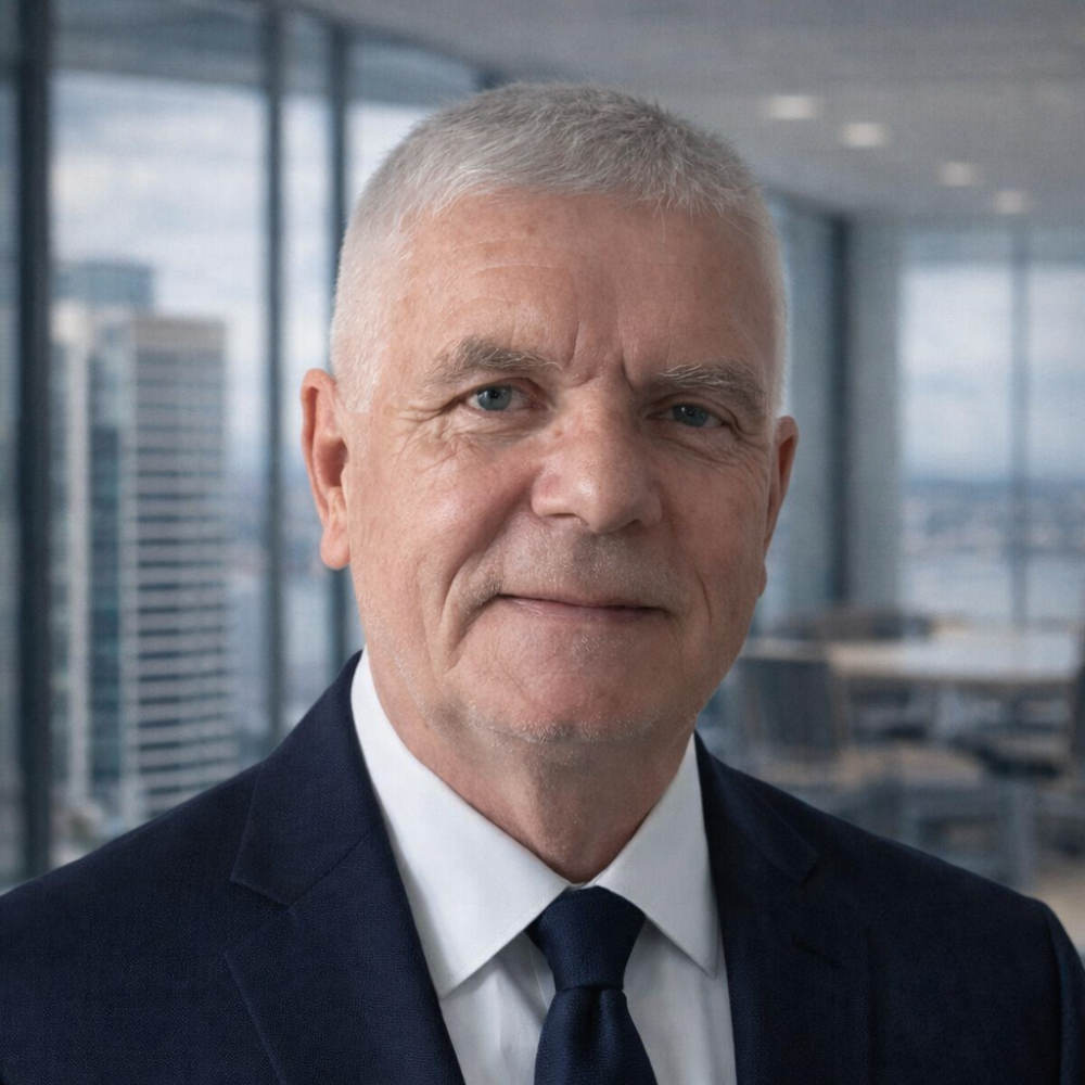 Older man with short gray hair wearing a dark suit and tie in a modern office with cityscape windows.