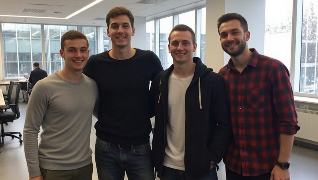 Four young men standing close together, smiling in a bright office space with large windows.