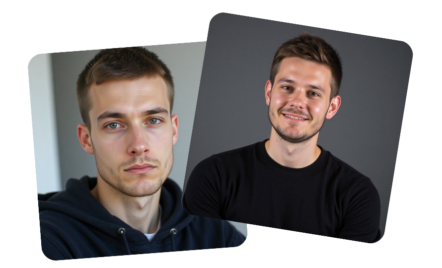 Two young men with short hair; the left one looks serious wearing a dark hoodie, the right one smiles wearing a black shirt against a grey background.