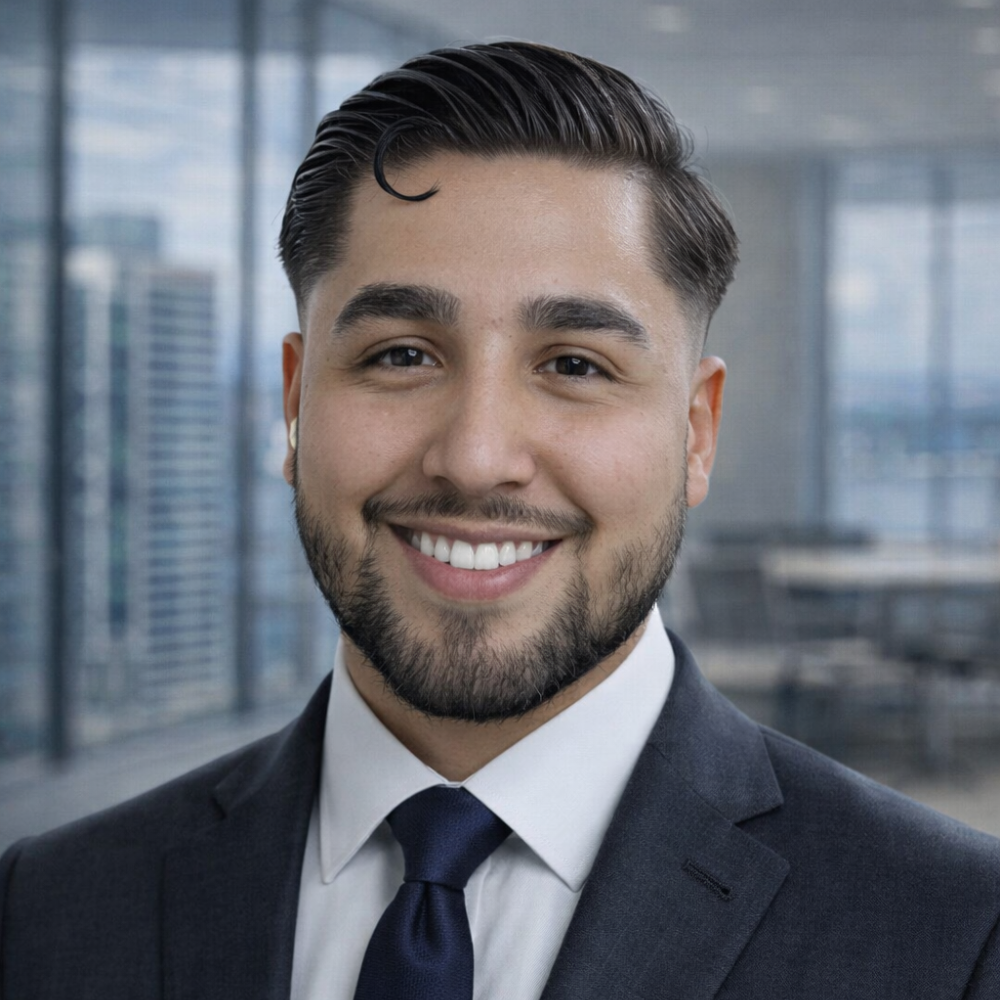 Smiling man with neatly styled dark hair and beard wearing a dark suit, white shirt, and navy tie in a modern office setting.